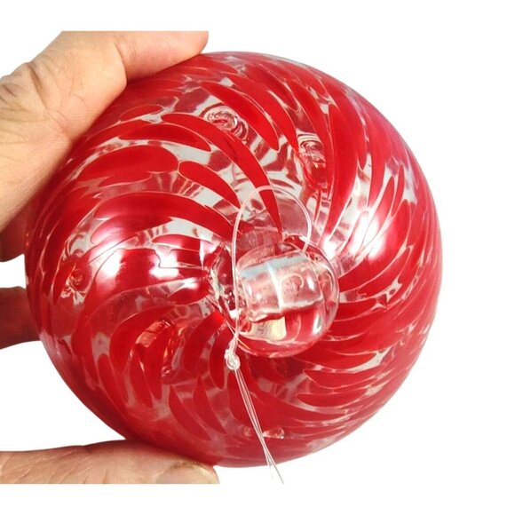 Hand Blown Large Red & White Swirl Glass 4"  Orb Christmas Ornament - Picture 4 of 7